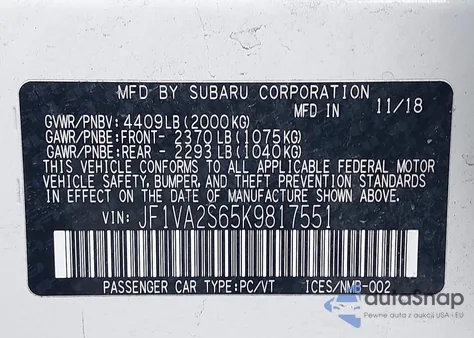 2019 Subaru Wrx Sti z USA, uszkodzony, nr VIN JF1VA2S65K9817551